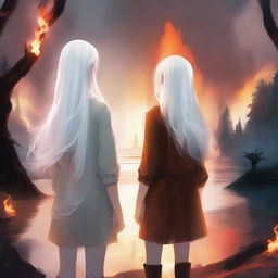 A digital art piece portrays two girls standing back to back in high resolution