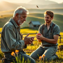 An elderly man and a young man kneeling in prayer together on a picturesque farm