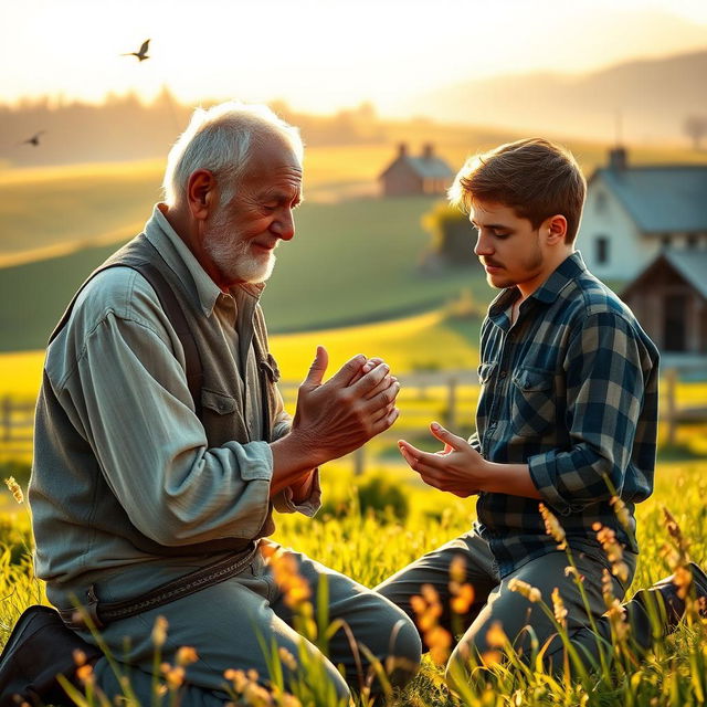 An elderly man and a young man kneeling in prayer together on a picturesque farm