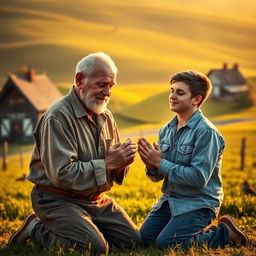 An elderly man and a young man kneeling in prayer together on a picturesque farm