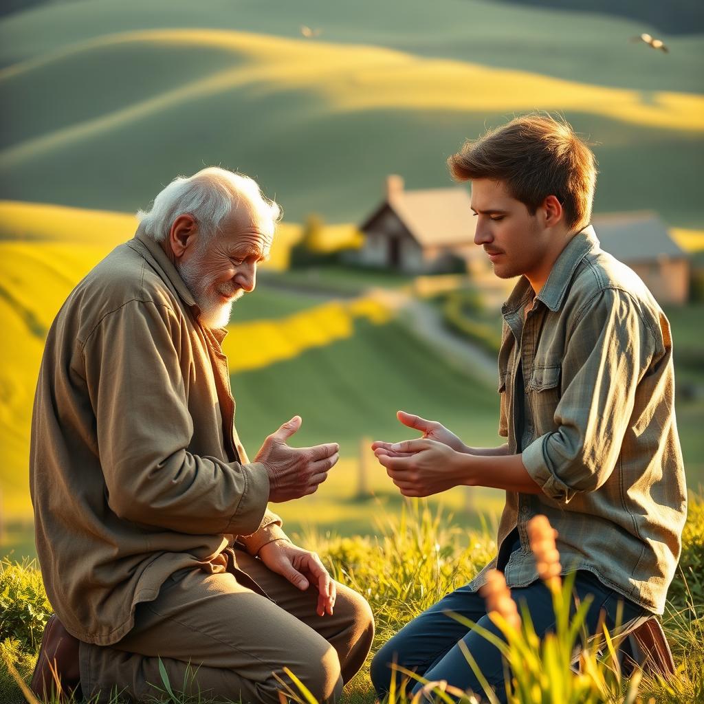 An elderly man and a young man kneeling in prayer together on a picturesque farm