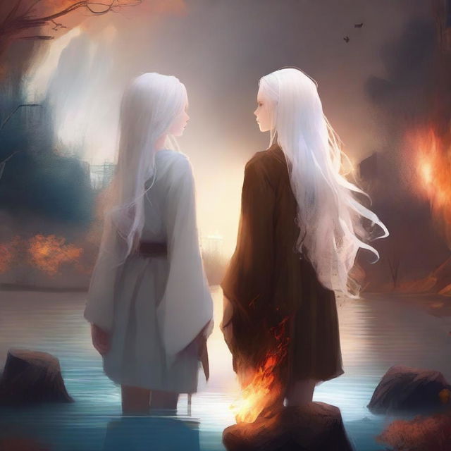 A digital art piece portrays two girls standing back to back in high resolution