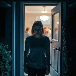 A dramatic scene portraying a woman standing at the door of her home, looking apprehensive and anxious due to her agoraphobia