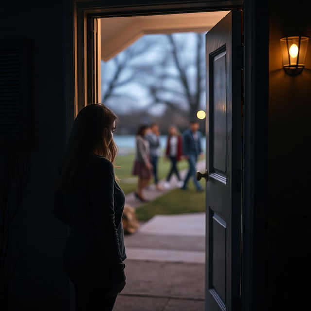 A dramatic scene portraying a woman standing at the door of her home, looking apprehensive and anxious due to her agoraphobia