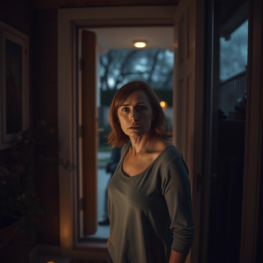 A dramatic scene portraying a woman standing at the door of her home, looking apprehensive and anxious due to her agoraphobia