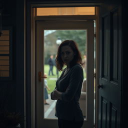 A dramatic scene portraying a woman standing at the door of her home, looking apprehensive and anxious due to her agoraphobia