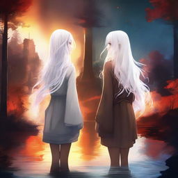 A digital art piece portrays two girls standing back to back in high resolution