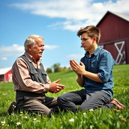 An elderly man and a young man kneeling in prayer together on a serene farm