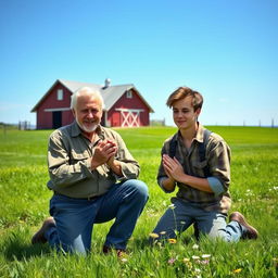 An elderly man and a young man kneeling in prayer together on a serene farm