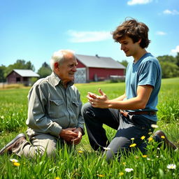 An elderly man and a young man kneeling in prayer together on a serene farm