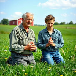 An elderly man and a young man kneeling in prayer together on a serene farm