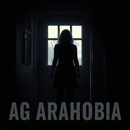 A cinematic poster featuring a woman in silhouette, standing at the closed door of her home, embodying the struggle of agoraphobia