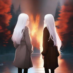 A digital art piece portrays two girls standing back to back in high resolution