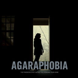 A cinematic poster featuring a woman in silhouette, standing at the closed door of her home, embodying the struggle of agoraphobia