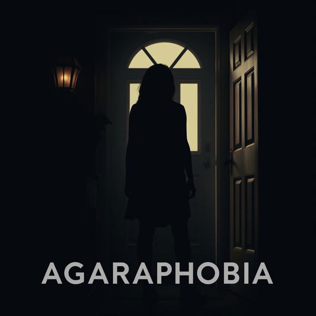 A cinematic poster featuring a woman in silhouette, standing at the closed door of her home, embodying the struggle of agoraphobia