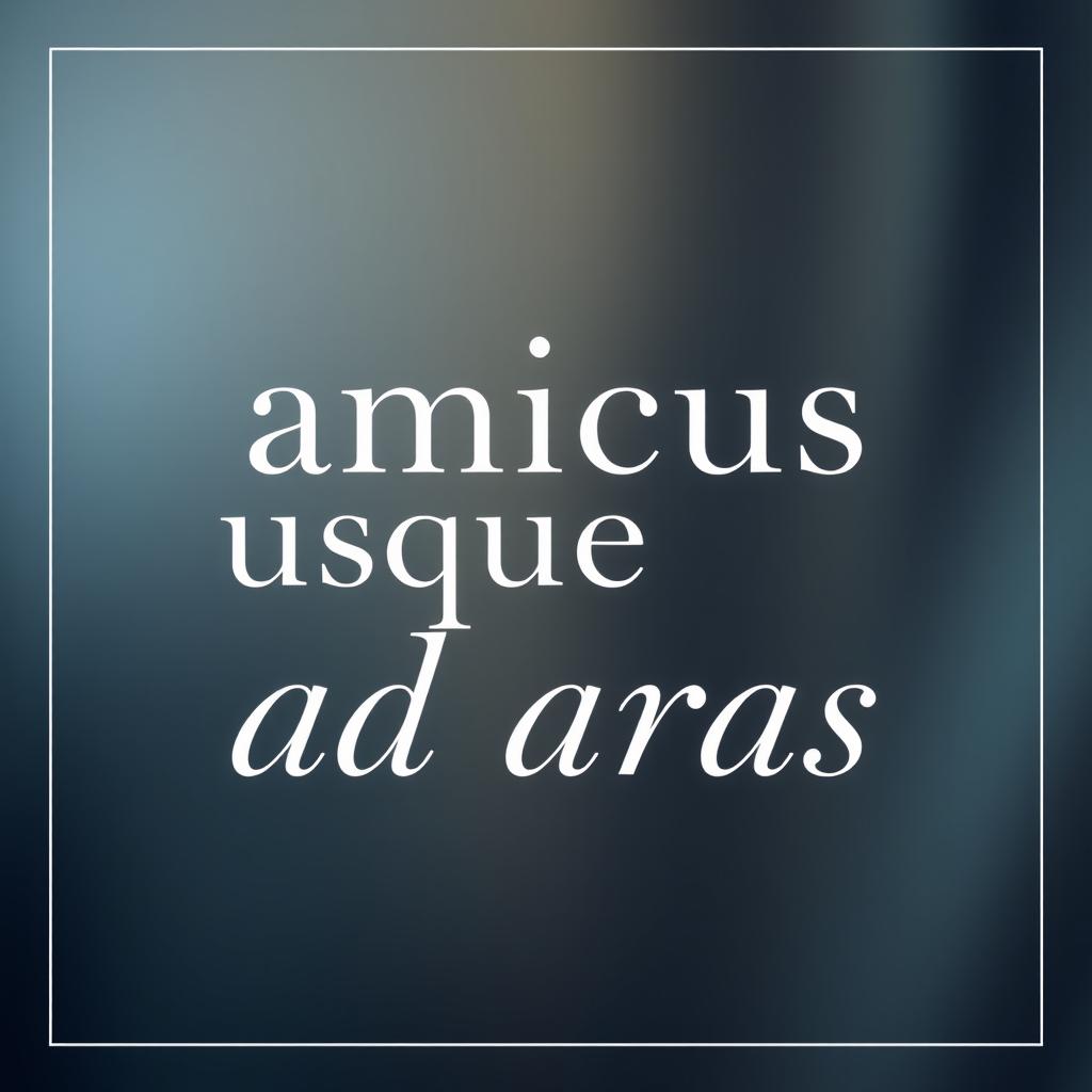 An elegant image featuring a refined typeface in white, with the phrase 'amicus usque ad aras' prominently displayed