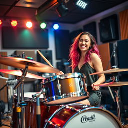 A beautiful woman in a modern recording studio, playing the drums with enthusiasm