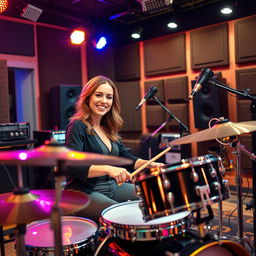 A beautiful woman in a modern recording studio, playing the drums with enthusiasm