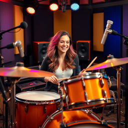 A beautiful woman in a modern recording studio, playing the drums with enthusiasm