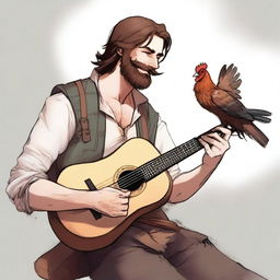 An ultra-realistic comic-style image of a scruffy bard with brown hair and a beard