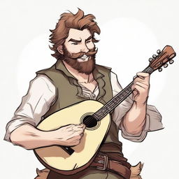 An ultra-realistic comic-style image of a scruffy bard with brown hair and a beard