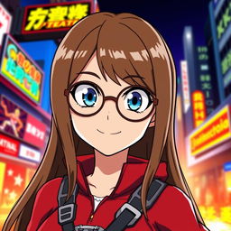 A character inspired by the anime style of 'My Hero Academia', featuring a young woman with long, straight brown hair and expressive blue eyes