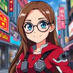A character inspired by the anime style of 'My Hero Academia', featuring a young woman with long, straight brown hair and expressive blue eyes