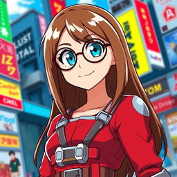 A character inspired by the anime style of 'My Hero Academia', featuring a young woman with long, straight brown hair and expressive blue eyes