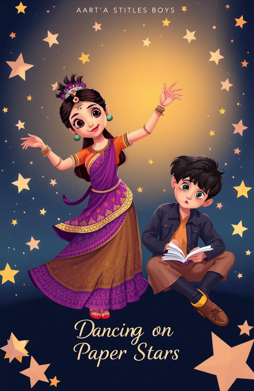 An animated Kathak dancer girl, dressed in traditional vibrant attire with intricate patterns, performing gracefully, while a GenZ-style poet boy, dressed in trendy, casual clothing, sits beside her, writing enthusiastically