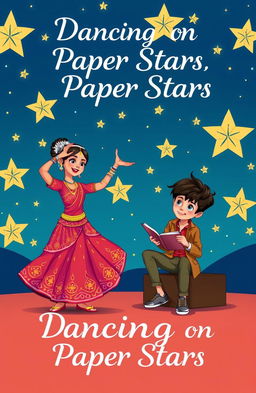 An animated Kathak dancer girl, dressed in traditional vibrant attire with intricate patterns, performing gracefully, while a GenZ-style poet boy, dressed in trendy, casual clothing, sits beside her, writing enthusiastically