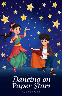 An animated Kathak dancer girl, dressed in traditional vibrant attire with intricate patterns, performing gracefully, while a GenZ-style poet boy, dressed in trendy, casual clothing, sits beside her, writing enthusiastically