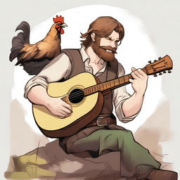 An ultra-realistic comic-style image of a scruffy bard with brown hair and a beard