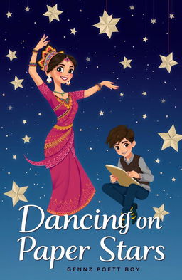 An animated Kathak dancer girl, dressed in traditional vibrant attire with intricate patterns, performing gracefully, while a GenZ-style poet boy, dressed in trendy, casual clothing, sits beside her, writing enthusiastically