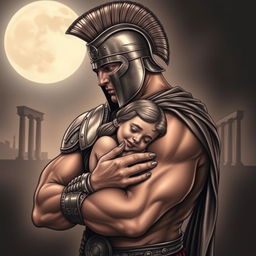 A large realistic tattoo design featuring a muscular and strong Spartan warrior, adorned in classic Greek armor, gently embracing a small, innocent girl with a smiling face
