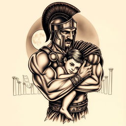 A large realistic tattoo design featuring a muscular and strong Spartan warrior, adorned in classic Greek armor, gently embracing a small, innocent girl with a smiling face
