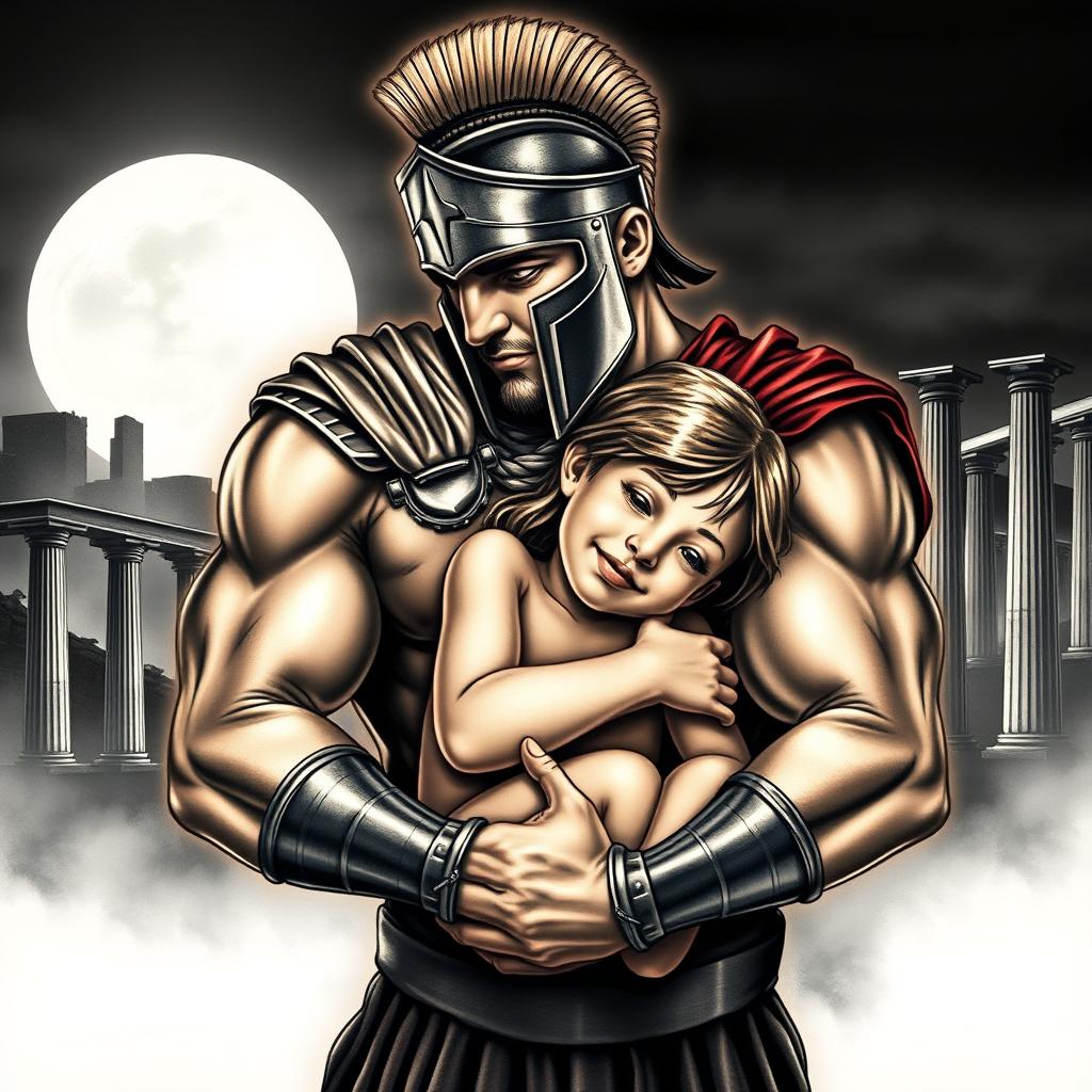 A large realistic tattoo design featuring a muscular and strong Spartan warrior, adorned in classic Greek armor, gently embracing a small, innocent girl with a smiling face