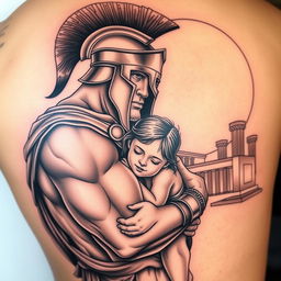 A large realistic tattoo design featuring a muscular and strong Spartan warrior, adorned in classic Greek armor, gently embracing a small, innocent girl with a smiling face