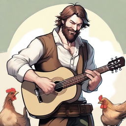 An ultra-realistic comic-style image of a scruffy bard with brown hair and a beard