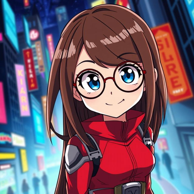 A character inspired by the anime style of 'My Hero Academia', featuring a young woman with long, straight brown hair and expressive blue eyes