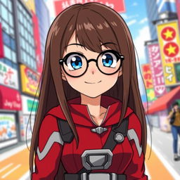 A character inspired by the anime style of 'My Hero Academia', featuring a young woman with long, straight brown hair and expressive blue eyes