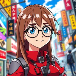 A character inspired by the anime style of 'My Hero Academia', featuring a young woman with long, straight brown hair and expressive blue eyes