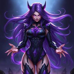 A stunning digital artwork of Reyna from Valorant, featuring her striking long purple hair flowing dramatically around her
