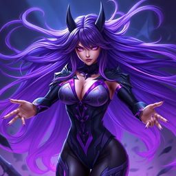 A stunning digital artwork of Reyna from Valorant, featuring her striking long purple hair flowing dramatically around her