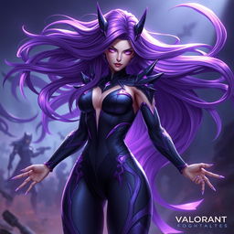 A stunning digital artwork of Reyna from Valorant, featuring her striking long purple hair flowing dramatically around her