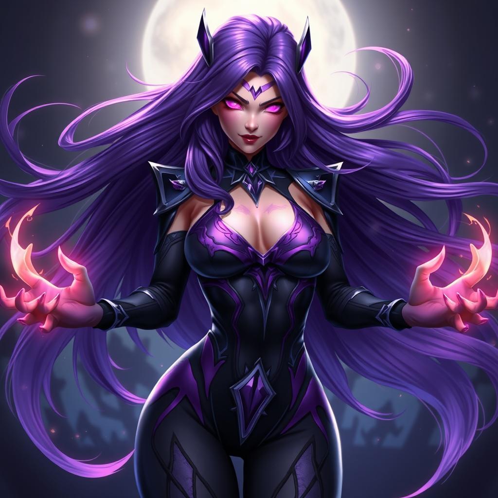 A stunning digital artwork of Reyna from Valorant, featuring her striking long purple hair flowing dramatically around her