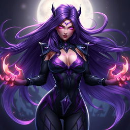 A stunning digital artwork of Reyna from Valorant, featuring her striking long purple hair flowing dramatically around her