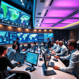 A modern fusion center, showcasing a high-tech command center with large screens displaying real-time data and maps