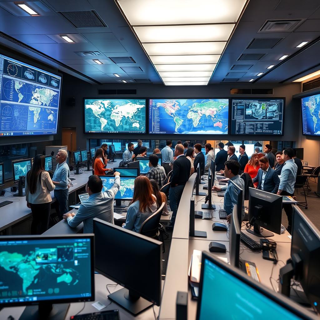 A modern fusion center, showcasing a high-tech command center with large screens displaying real-time data and maps