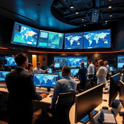 A modern fusion center, showcasing a high-tech command center with large screens displaying real-time data and maps