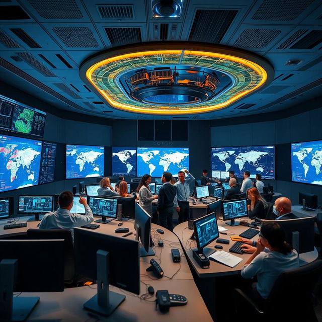 A modern fusion center, showcasing a high-tech command center with large screens displaying real-time data and maps